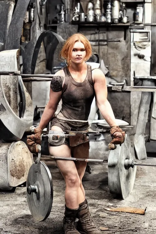 Prompt: female blacksmith, extremely burly. strawberry - blonde hair, many freckles. face resembles natalia vodianova, but she is built like a blacksmith : burly, broadshouldered, thicklimbed, kinda swole. she is fully clothed in her work clothes. she is very strong.
