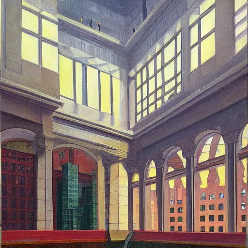 Image similar to grandiose atrium on coruscant, grant wood, pj crook, edward hopper, oil on canvas