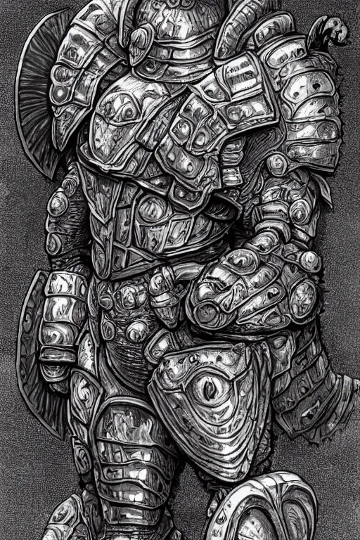 Prompt: armoured warrior oyster humanoid monster, symmetrical, highly detailed, digital art, clam themed armour, sharp focus, trending on art station, ambient lighting, kentaro miura art style