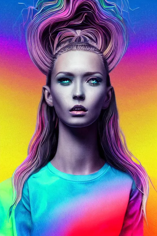 Image similar to a award winning half body portrait of a beautiful woman with stunning eyes in a croptop denim jacket and cargo pants with ombre rainbow hairstyle head in motion and hair flying while dancing by thomas danthony, surrounded by whirling illuminated lines, outrun, vaporware, shaded flat illustration, digital art, trending on artstation, highly detailed, fine detail, intricate