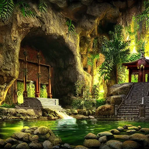 Image similar to ancient temple,plants and waterfalls in the interior of a cave,digital art