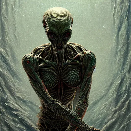 Prompt: ultra realist horror painting of a dimly lit single attractive alien, very intricate details, focus, curvy, full frame image, artstyle hiraku tanaka and craig mullins, award winning