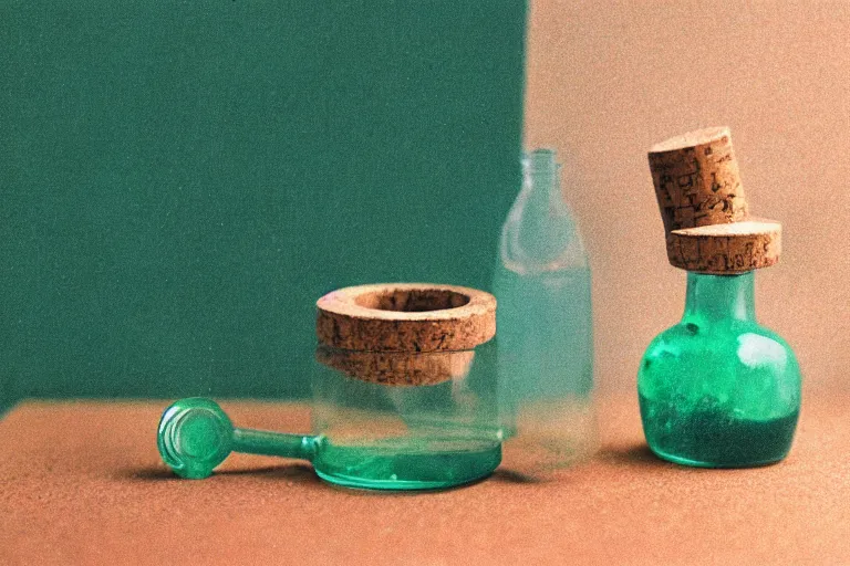 Image similar to small potion with a cork top filled with a green and turquoise gradient liquid, on a desk, old film photo