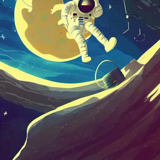 Image similar to an Astronaut lie relaxed on a crescent moon between the stars and the planets in outer space, cosmonaut post grunge concept art,4k, trending on artstation by josan gonzalez and tyler edlin