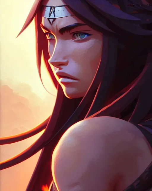 Image similar to azctec warrior, megan fox, detailed perfect face, exquisite details, fire magic, night, mid view, design on a white background, by studio muti, greg rutkowski makoto shinkai takashi takeuchi studio ghibli