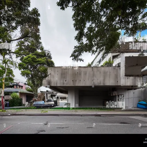 Image similar to exterior shot of a brutalist concrete house in the middle of a busy asian market