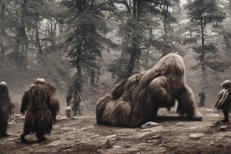 Image similar to photo of people gathering around a giant sleeping yeti, eerie atmosphere, fear, mystery, dramatic, 8 k uhd