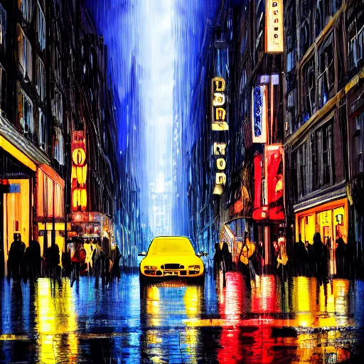 Prompt: « a man walking in a night raining streets, new york, big city, taxi, cars, shops one the side with neons, digital art, highly detailed »