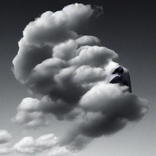 Image similar to the clouds in the sky take the shape of a woman face made of puffy clouds photoreal octane grey