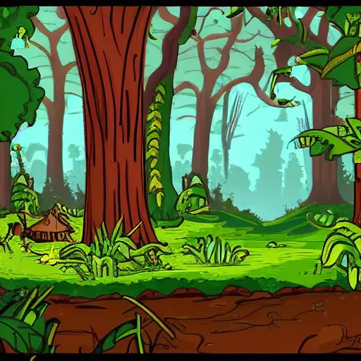 Image similar to a clearing in a forest in the style of the curse of monkey island point and click adventure game