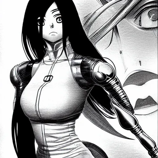 Image similar to alita by yukito kishiro. medium shot. black and white manga. pencil drawing. high detailed face