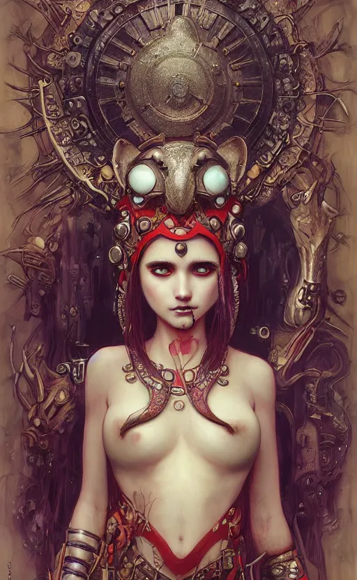 Image similar to hyper realistic Princess Mononoke, ornate mask magic, wet market street, cyberpunk metropolis, city landscape, jewels, full body pose, full moon, style of tom bagshaw, mucha, james gurney, norman rockwell, denoised, sharp