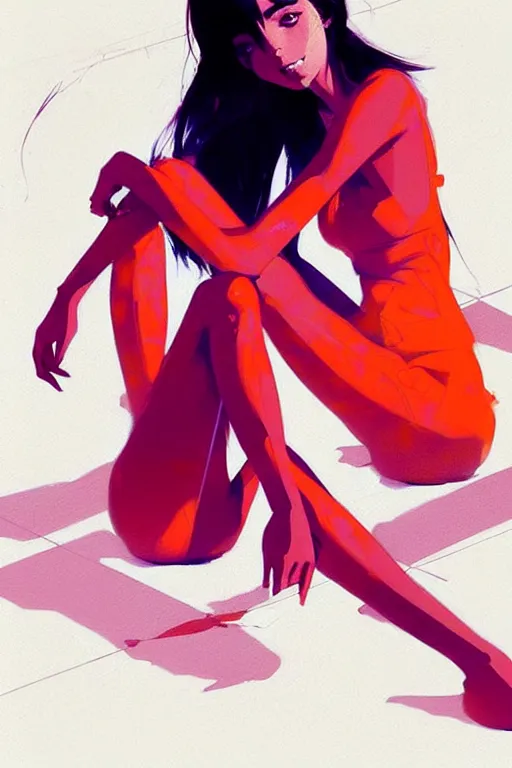 Image similar to a ultradetailed beautiful painting of a stylish woman sitting on the floor of a tiled room, by conrad roset, greg rutkowski and makoto shinkai trending on artstation