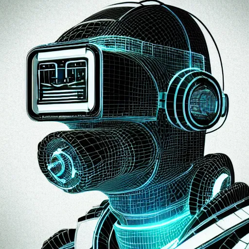 Image similar to retro vintage sci - fi, cyber robot wearing vr headset, 3 d illutration, profile face portrait, night, detailed, cyberpunk style, character, ai, detailed,