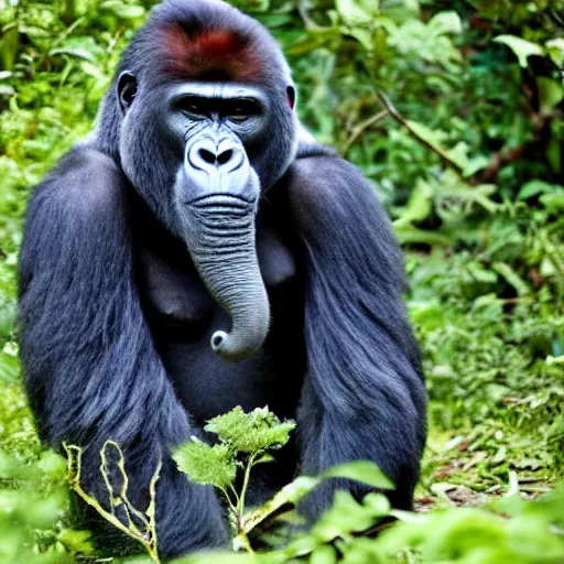 Image similar to gorilla with an elephant trunk in place of its nose, standing in the jungle