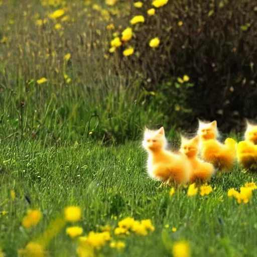 Prompt: photo of cute fluffy baby kittens chasing a cute yellow baby duck in a field of flowers, award - winning photograph, national geographic, perfect lighting