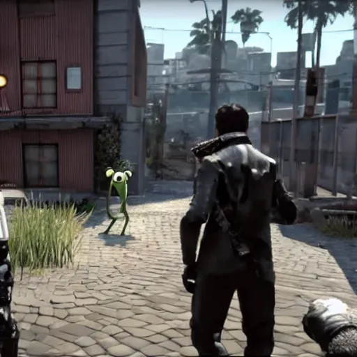 Image similar to a still of from the movie the muppet movie crossover with the game deus ex : mankind divided