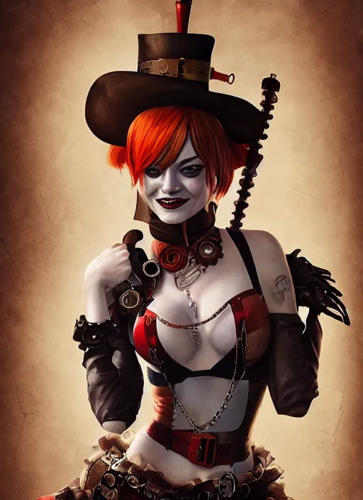 Prompt: steampunk portrait of emma stone as harley quinn, hyper detailed, digital art, trending in artstation, cinematic lighting, studio quality, smooth render, unreal engine 5 rendered, octane rendered, art style by klimt and nixeu and ian sprigger and wlop and krenz cushart.