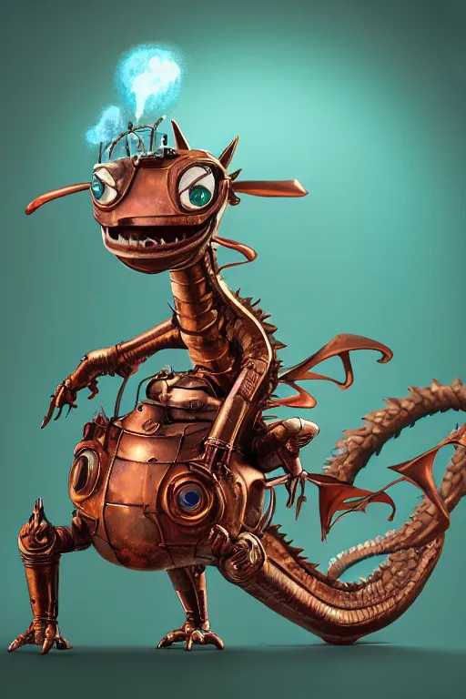 Image similar to a cute dragon robot, painted by wally wood and matt jefferies, trending on artstation, steam punk, bright macro view pixar, award - winning, blueprint, big eyes, ( ( ( copper ) ) ) wire whiskers, chillwave, realism