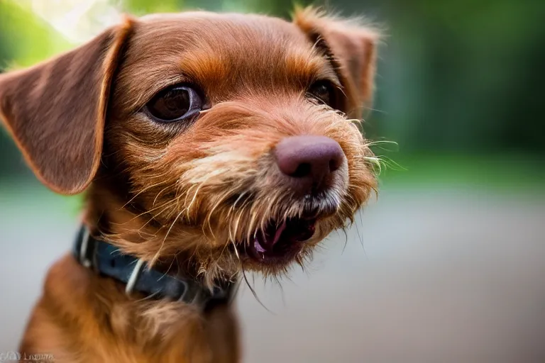 Prompt: closeup portrait of a small brown dog licking its nose with its tongue in central park, natural light, sharp, detailed face, magazine, press, photo, Steve McCurry, David Lazar, Canon, Nikon, focus