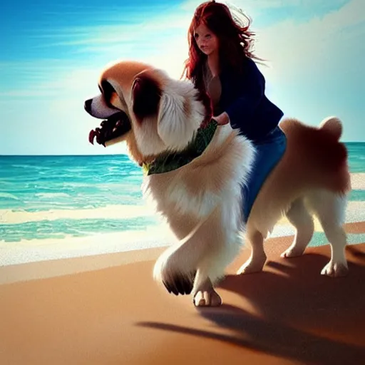 Image similar to girl riding a giant saint Bernard at the beach playing fetch, trending on artstation