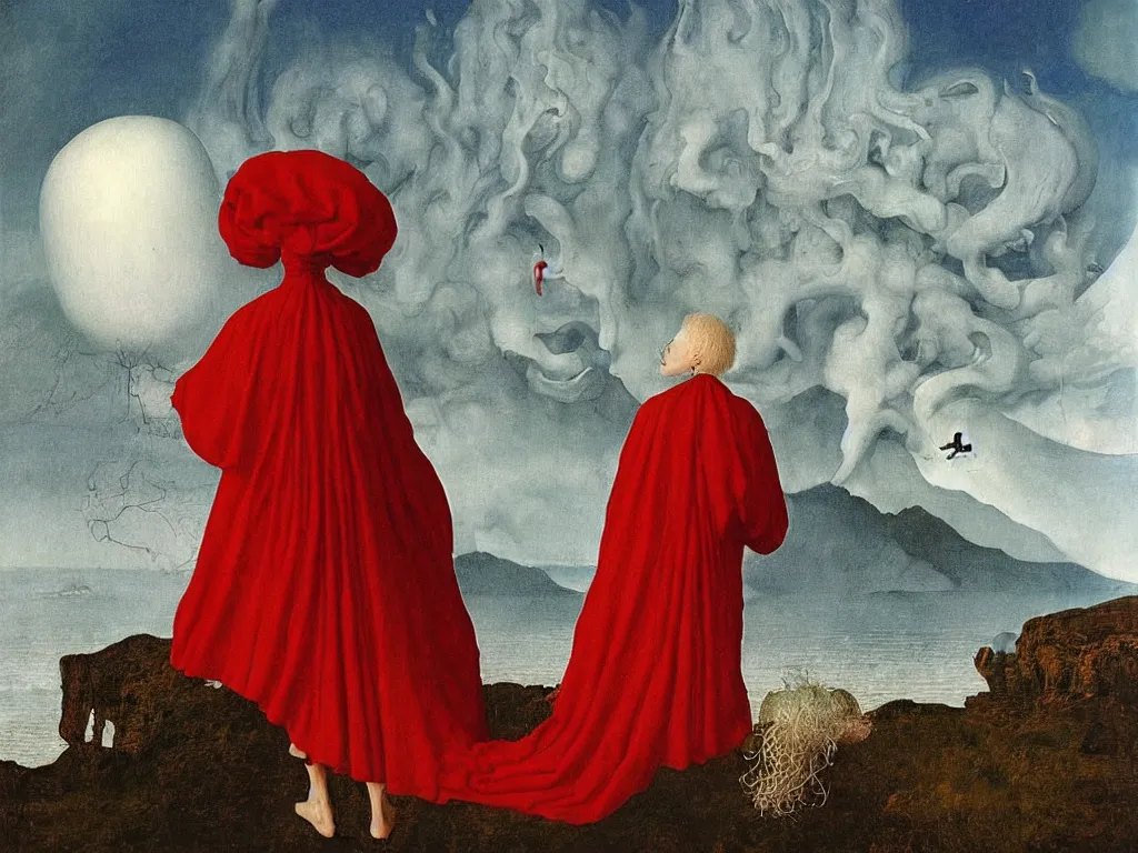 Image similar to albino mystic, with his back turned, with beautiful exotic Urchin looking at a island being engulfed, flooded by a tsunami giant wave. Painting by Jan van Eyck, Audubon, Rene Magritte, Agnes Pelton, Max Ernst, Walton Ford