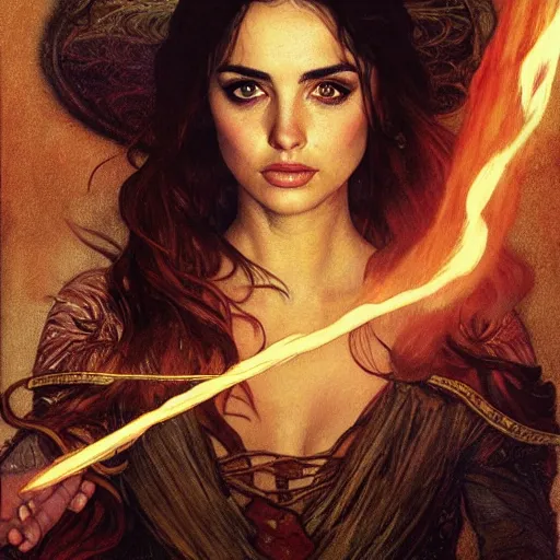 Image similar to half length portrait of ana de armas as a sorcerer using fire magic, d & d, medieval, fantasy, royo, klimt, miro, vallejo, frazetta, alphonse mucha, greg rutkowski, whealan