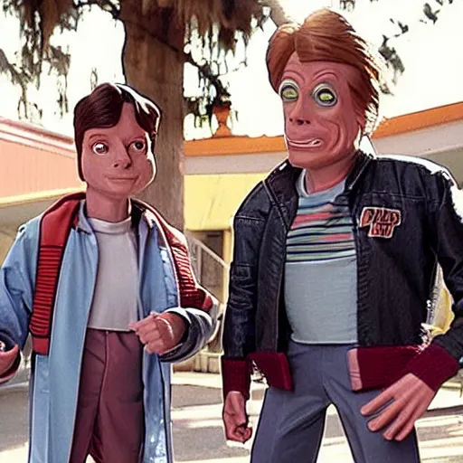Image similar to Doc and Marty McFly standing in front of their delorian car, in the style of Futurama