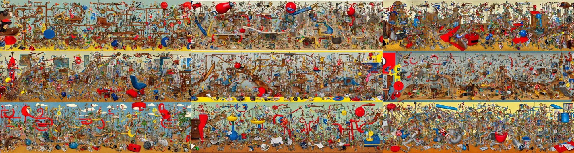 Prompt: a hypercomplex, seussical, detailed and hyperrealistic rube goldberg machine with numerous gadgets and doodads made out of rube goldberg machines in the style of norman rockwell on lsd
