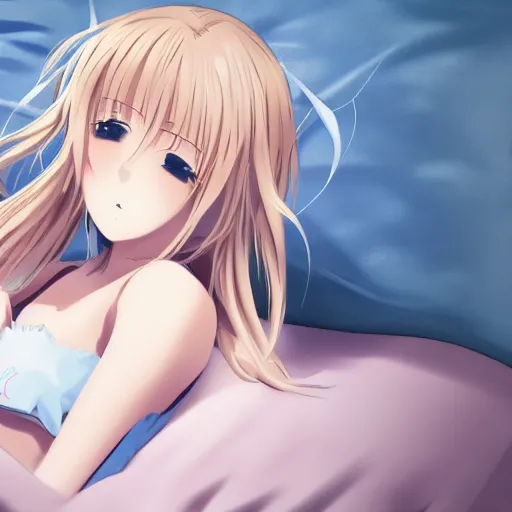 Image similar to cute anime girl blonde hair sleeping on bed early morning full HD 4K highest quality realistic beautiful gorgeous natural