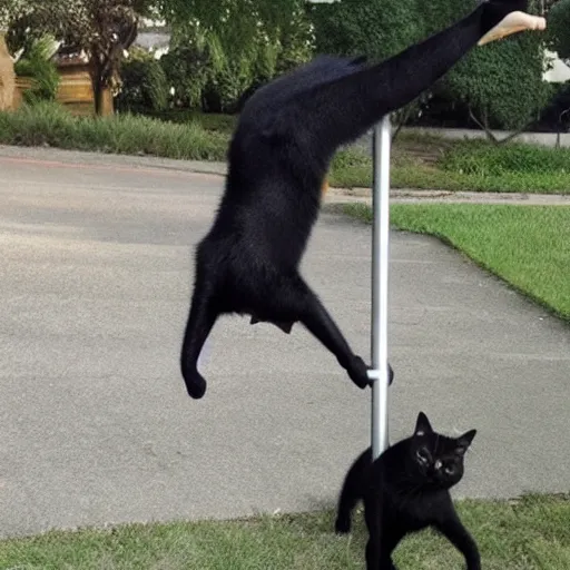 Image similar to black cat sliding down a metal pole dance