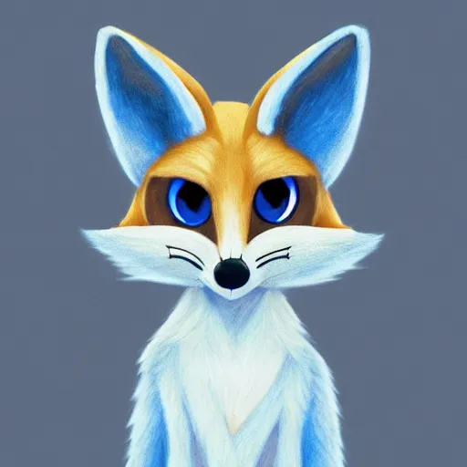 Prompt: furry ( fandom ) art of a cute anthropomorphic sandy fennec fox and blue eyes and wearing a blue sweatshirt, digital art, painting, trending on furaffinity, stylised, big eyes