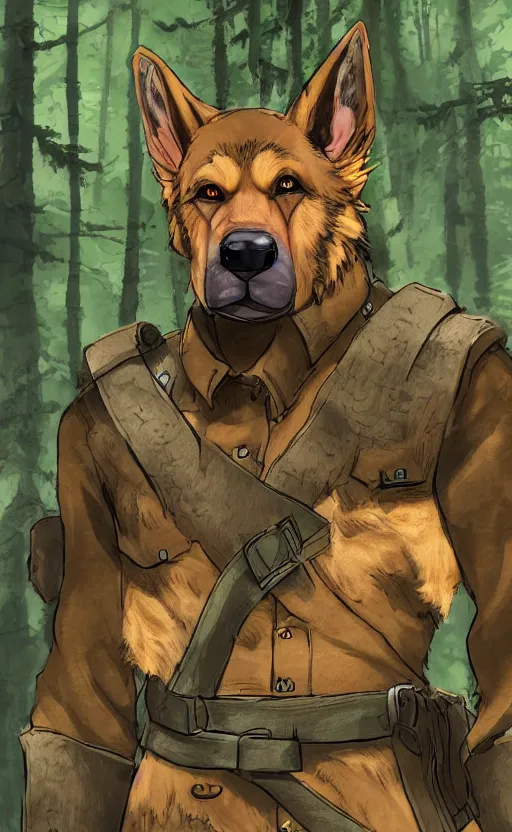 Image similar to close up character portrait icon of the german shepard beast - man military uniform head animal person wearing clothes standing in the bright forest, hidari, color page, tankoban, 4 k, tone mapping, akihiko yoshida