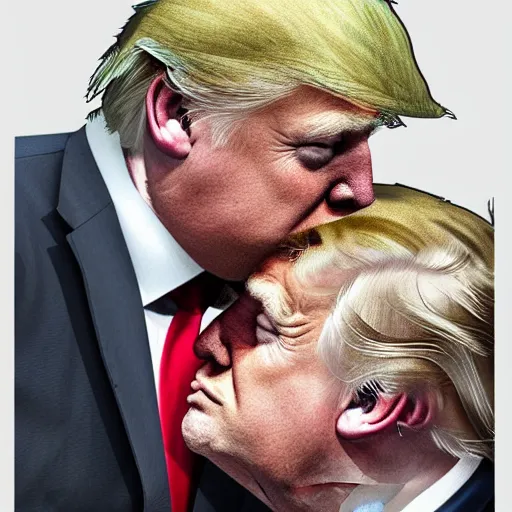 Image similar to a beautiful detailed digital art piece of boris johnson and donald trump kissing, visual art, deviantart, artstation, digital art