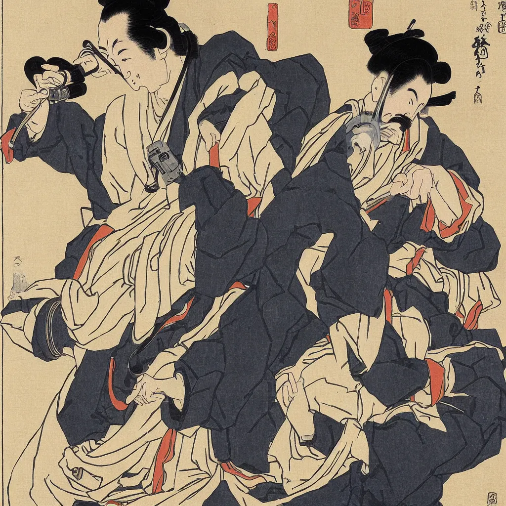 Prompt: i, a man wearing headphone and playing his iphone, by hokusai