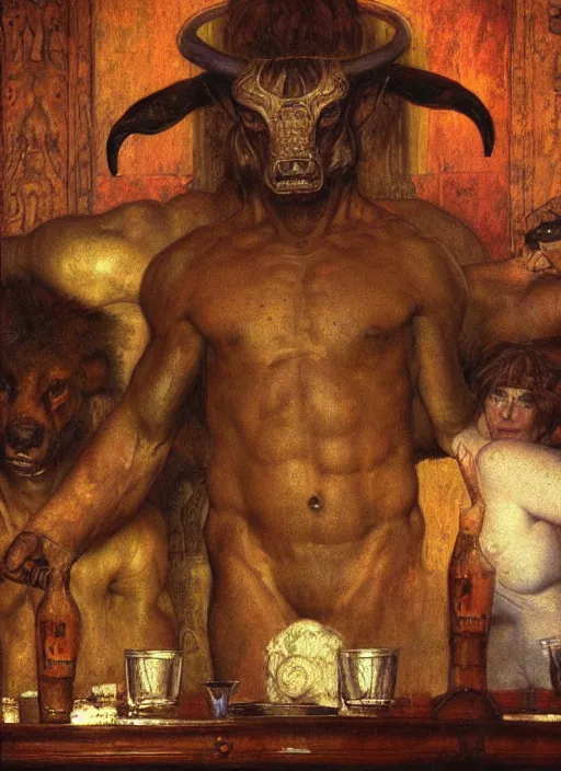 Image similar to upper body portrait of a minotaur in a pub, by lawrence alma-tadema and zdzislaw beksinski and norman rockwell and jack kirby, artstation creature art