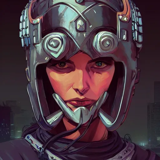 Image similar to cyberpunk viking helmet mask warrior goddess robot ninja fantasy, art gta 5 cover, official fanart behance hd artstation by jesper ejsing, by rhads, makoto shinkai and lois van baarle, ilya kuvshinov, ossdraws