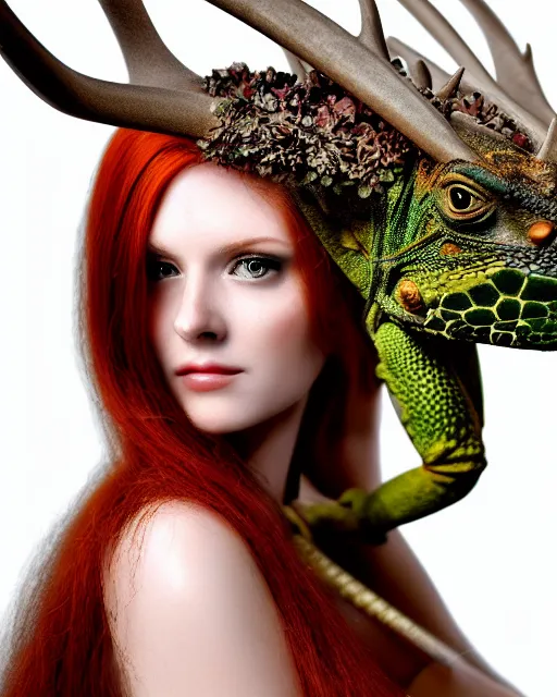 Image similar to 5 5 mm portrait photo of an armored redhead woman with antlers and a an iguana sitting on her shoulder by luis royo. highly detailed 8 k. intricate. lifelike. soft light. nikon d 8 5 0. cinematic post - processing