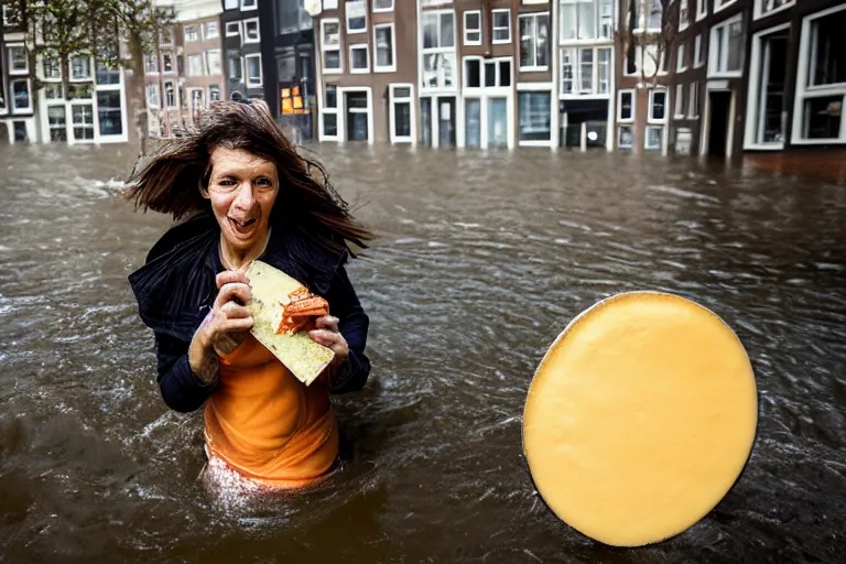 Prompt: closeup potrait of a woman carrying a wheel of cheese over her head in a flood in Amsterdam, photograph, natural light, sharp, detailed face, magazine, press, photo, Steve McCurry, David Lazar, Canon, Nikon, focus