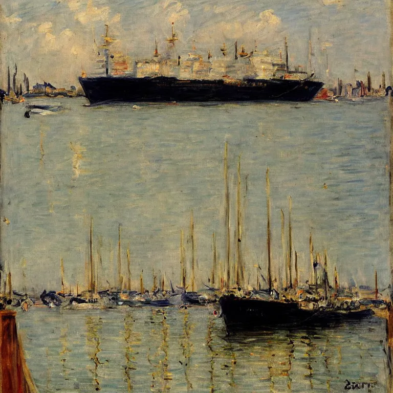 Prompt: a master painting of a big ship docked at the harbor, sharp focus, very detaied, by berthe morisot