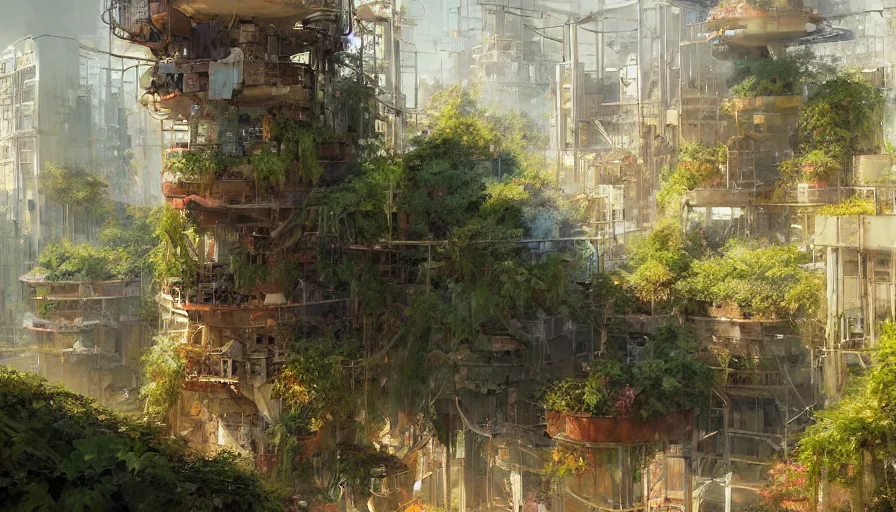 Image similar to craig mullins and ghibli digital illustration tall vertical farms, hydroponics, solarpunk, colorful, unreal engine, hyper realism, realistic shading, cinematic composition, realistic render, octane render, detailed textures, photorealistic, wide shot