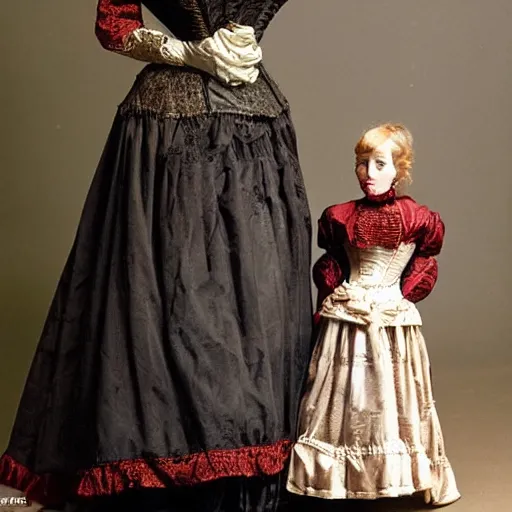 Image similar to portrait of a life size victorian female automaton standing with a child, 8 k, soft lighting, highly detailed realistic, face in focus 1 8 9 0's