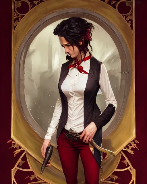 Image similar to female vampire, gold waistcoat, red shirt, grey hair, red necktie, cinematic, stunning, highly detailed, digital painting, artstation, smooth, hard focus, full body shot, illustration, art by artgerm and greg rutkowski and alphonse mucha