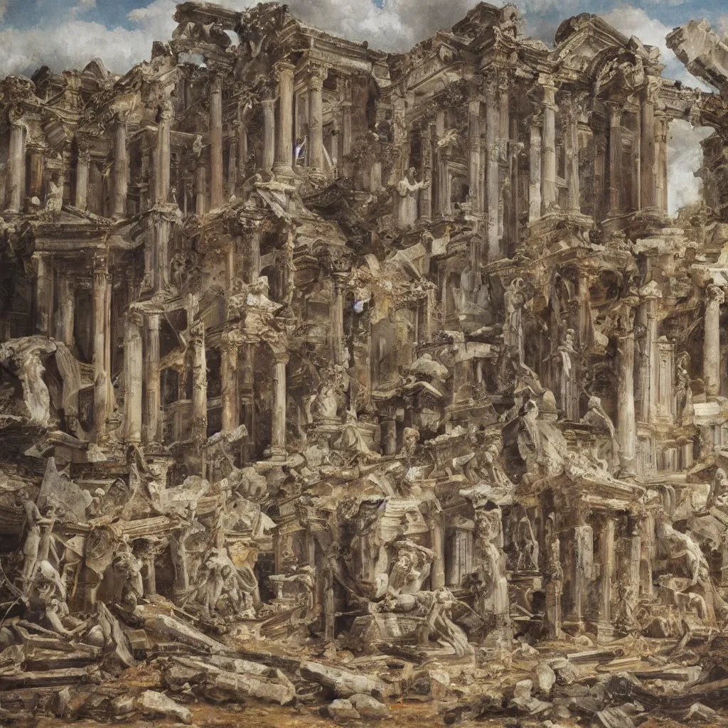 Image similar to oil painting extremely detailed of a destroyed panteon with 7 statues of extint forgotten gods