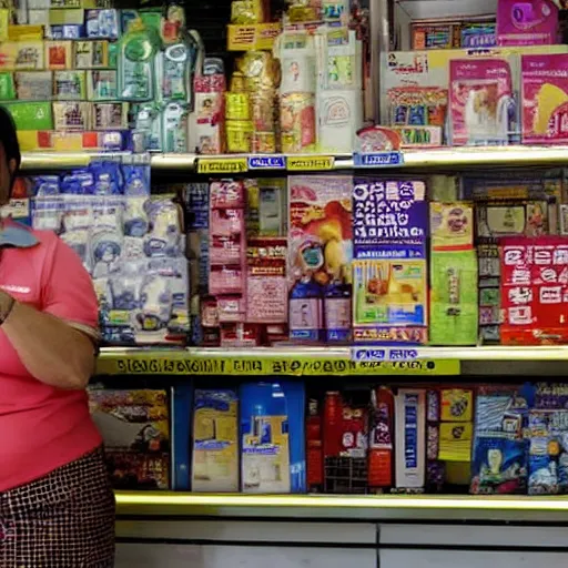 Prompt: a middle - aged woman working at an old convenience store in singapore, award - winning photography