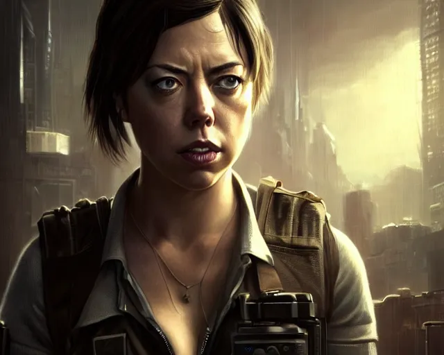 Prompt: a gaming screenshot still portrait of aubrey plaza in resident evil, deep focus, d & d, fantasy, intricate, elegant, highly detailed, digital painting, artstation, concept art, matte, sharp focus, illustration, cyberpunk dark fantasy style art, hearthstone, art by artgerm and greg rutkowski and alphonse mucha