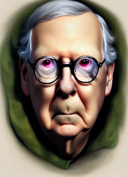 Image similar to concept art by artgerm, amazingly beautiful portrait of a hyper realistic, frowning, sad mitch mcconnell as a turtle!!! caricature 3 d by greg rutkowski, artgerm, alphonse mucha,