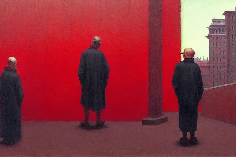 Image similar to only with red, a red old man try to sell a portrait, a crowd cheering, in a city square, in the style of beksinski, parts by edward hopper, parts by rodcenko, parts by yue minjun, intricate and epic composition, red by caravaggio, insanely quality, highly detailed, masterpiece, red light, artstation, 4 k