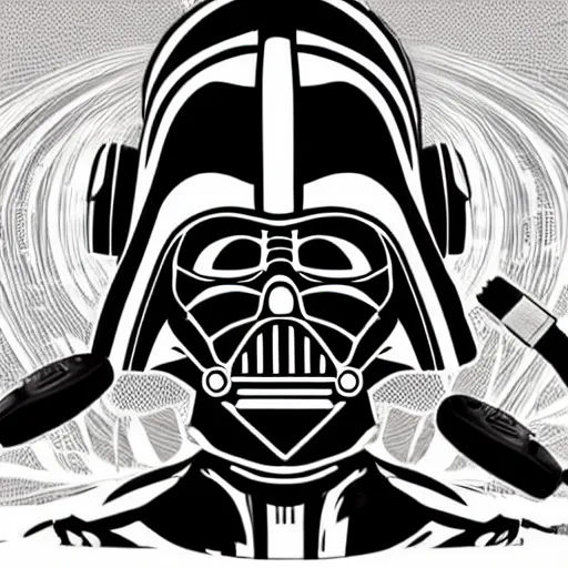 Prompt: artgerm, psychedelic laughing cybertronic darth vader, rocking out, headphones dj rave, digital artwork, r. crumb, svg vector