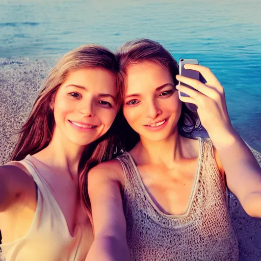 Image similar to beautiful serene intricate portrait of identical twin women, taking a selfie, smiling softly, relaxing on the beach, wearing casual clothes golden hour, soft focus, 8 k, art by irakli nadar, hyperrealism, hyperdetailed, ultra realistic